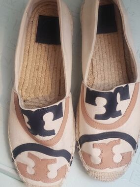 Tory Burch Cream Canvas Espadrilles with Navy & Tan Logos